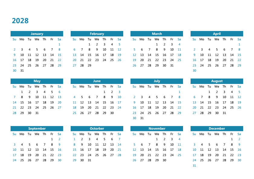 2028年日历 A4横向 英文版 无农历 无周数 周日开始